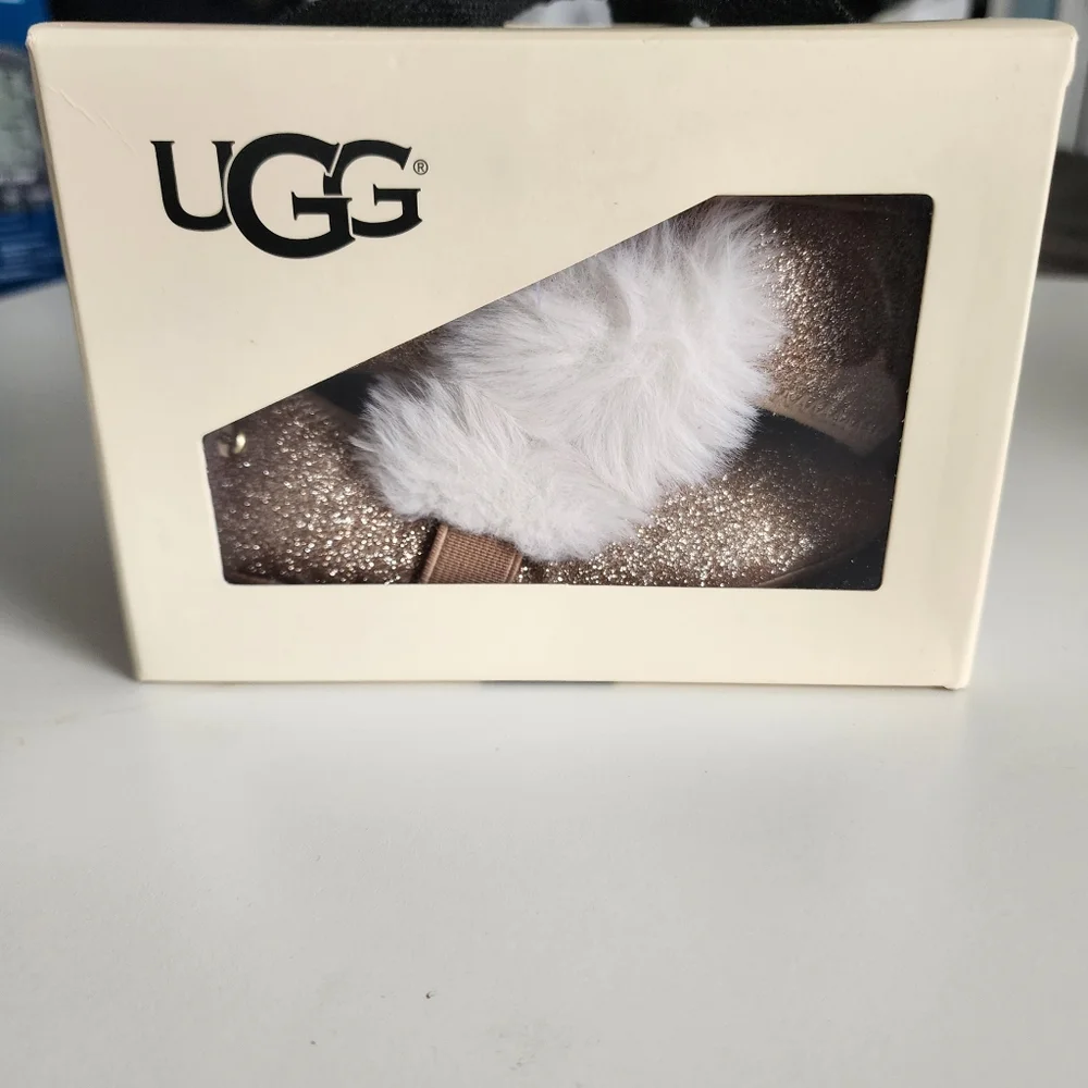 UGG Baby Gold Glitter Ballet Flats With White Fluff Size 4/5